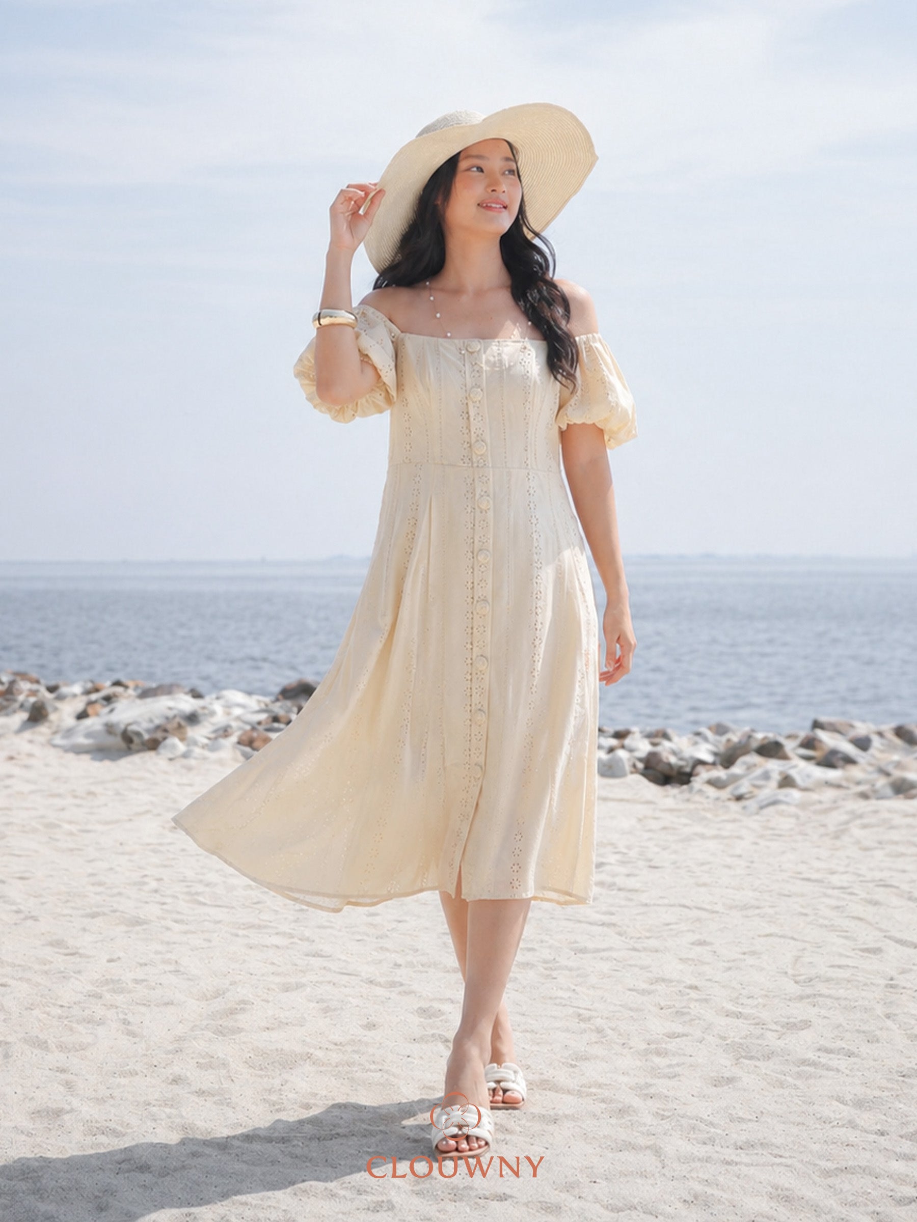 Alexia Square Button Dress - Cream